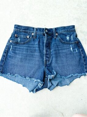Levi's Distressed Dark Blue High-Rise Jean Shorts